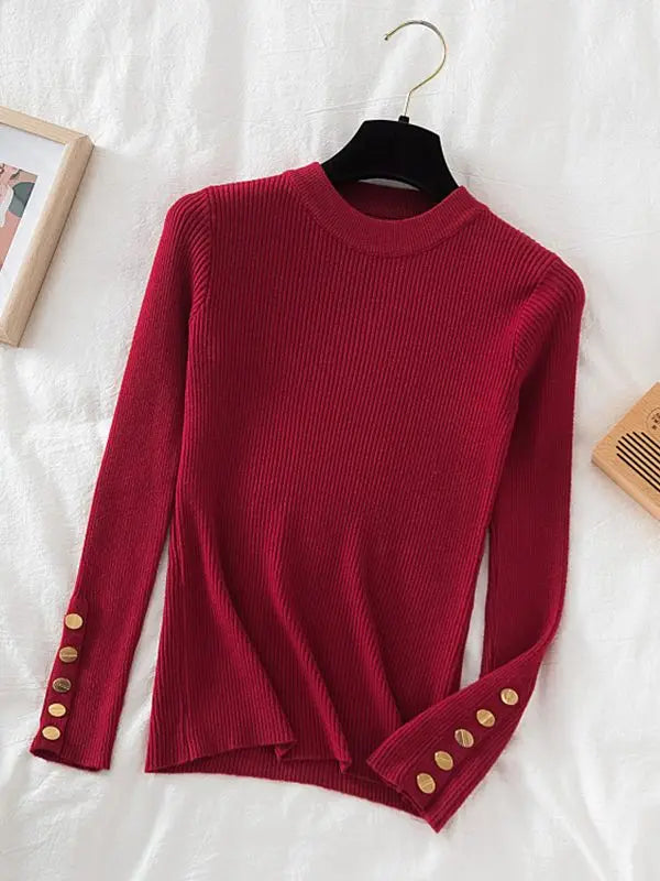 2025 women thick sweater pullovers khaki casual autumn winter button o-neck chic sweater female slim knit top soft jumper tops