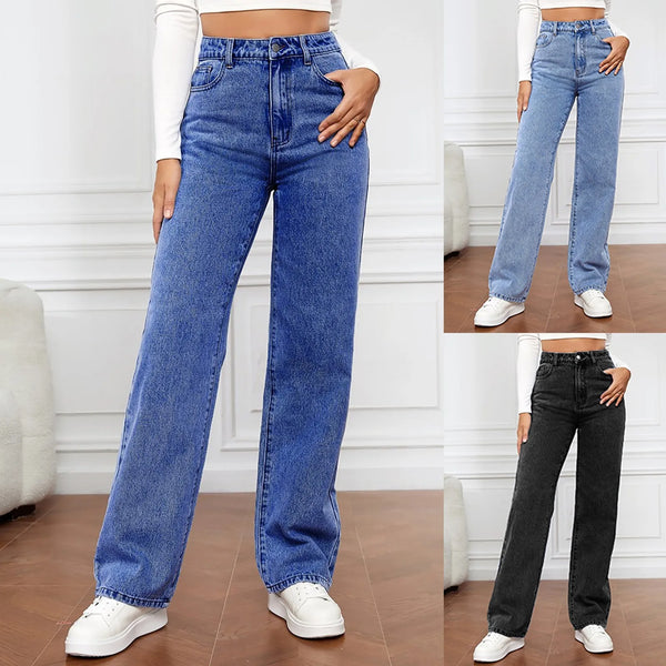 Women Fashion Straight Leg Jeans Loose Button Pocket Washed Denim Pants High Waist Stretchy Denim Trousers 2024 Female Clothes