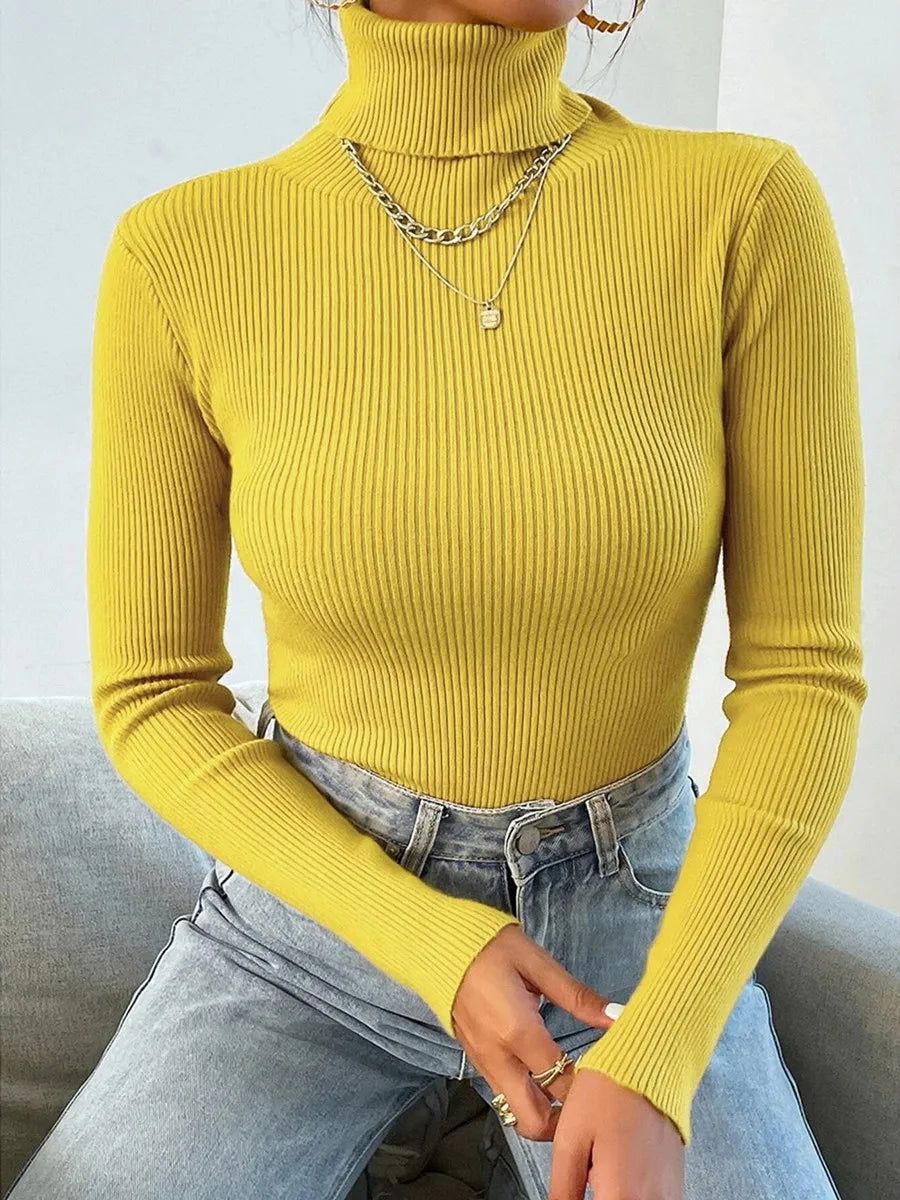 2025 Autumn Winter Women Knit Solid Turtleneck Pull Sweater Casual Rib Jumper Tops Female Home Pullover Y2K Clothing