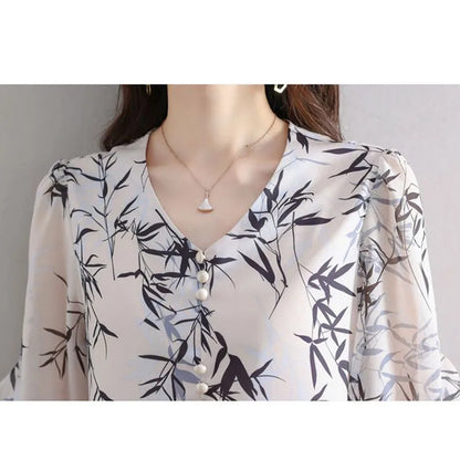 Summer Elegant Fashion Printed 3/4 Sleeve Shirt Women's Clothing Commute Loose Beading Spliced V-Neck Chiffon Blouse for Female