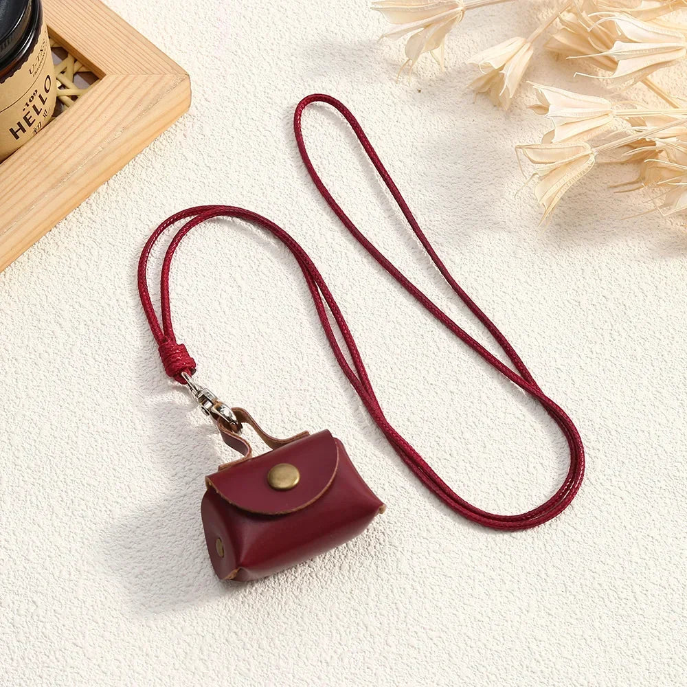 LATS Retro Cute Small Leather Bag Long Necklace for Women Fashion Sweater Chain Neck Hanging Jewelry Versatile Accessory Gift