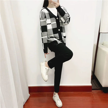 Spring Autumn Plaid Knit Women's Tracksuit Cardigan sweater coat + short sleeved top + Solid Harem Pants 3 Piece Set Women