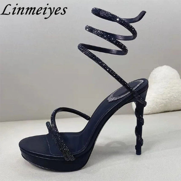 2023 New Gladiator Sandals Woman Rhinestone Ankle Snake Twine Around Wedding Shoes Super High Heel Platform Sandals Women Shoes