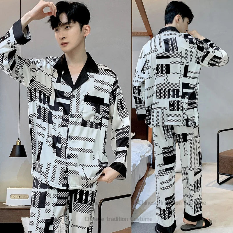 Satin Sleepwear Luxury Print Trousers Suit Male's Home Clothes Long Sleeve Trousers Set Men Casual Nightwear Fashion Outwear