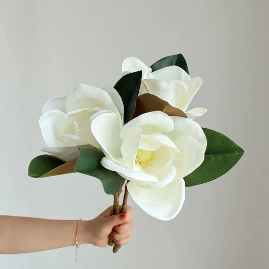 14in Luxury Artificial Magnolia Flower Real Touch White Magnolia Leaves Faux Flower For Wedding Home Decor Artificiales Flores