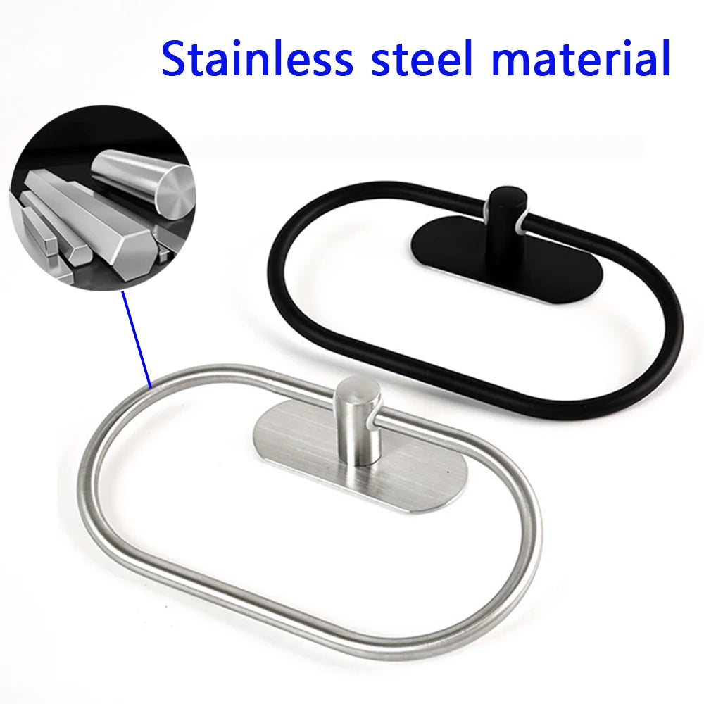 Stainless Steel Towel Holder Self-adhesive Bathroom Towels Rack Black Washhand Hanger Ring Rail Bar Kitchen Storage Accessories