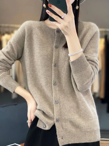 Long Sleeve 100% Merino Wool Sweaters Cashmere Cardigan Spring Autumn Women O-Neck Knitwear Tops Clothing Fashion Basic Tops