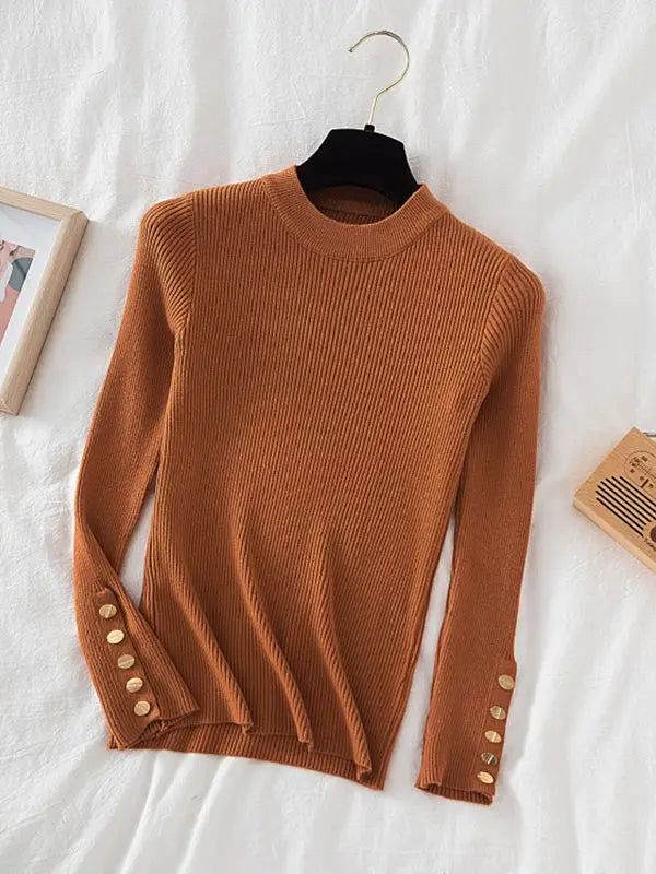 2025 women thick sweater pullovers khaki casual autumn winter button o-neck chic sweater female slim knit top soft jumper tops