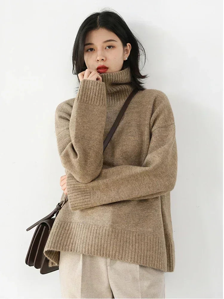 CHIC VEN Fashion Women's Loose Turtleneck Sweaters Warm Solid Pullover Knitwear Basic Female Jumpers Autumn Winter 2023