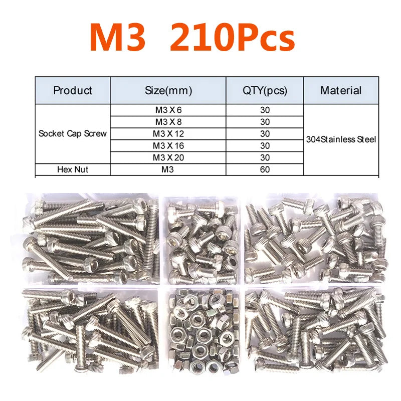 420/210/180/110/75PCS 304 Stainless Steel Allen Hexagon Hex Socket Cap Head Screw Bolt and Nut Set M2 M2.5 M3 M4 M5 M6 M8 Kit