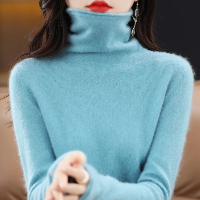 100% Merino Wool Turtleneck Pullover Knitwear Women's New Autumn And Winter Warm Sweater Women's Solid Color Pile Neck Sweater