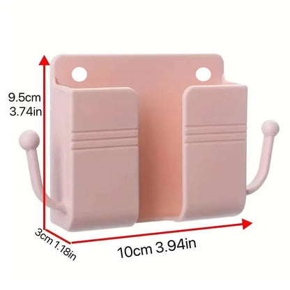 1pc Adhesive Wall Mount Phone Holder With Hooks, Storage Box ForMobile Phone Remote Control, Storage Box For Bedroom, Kitchen,Ba