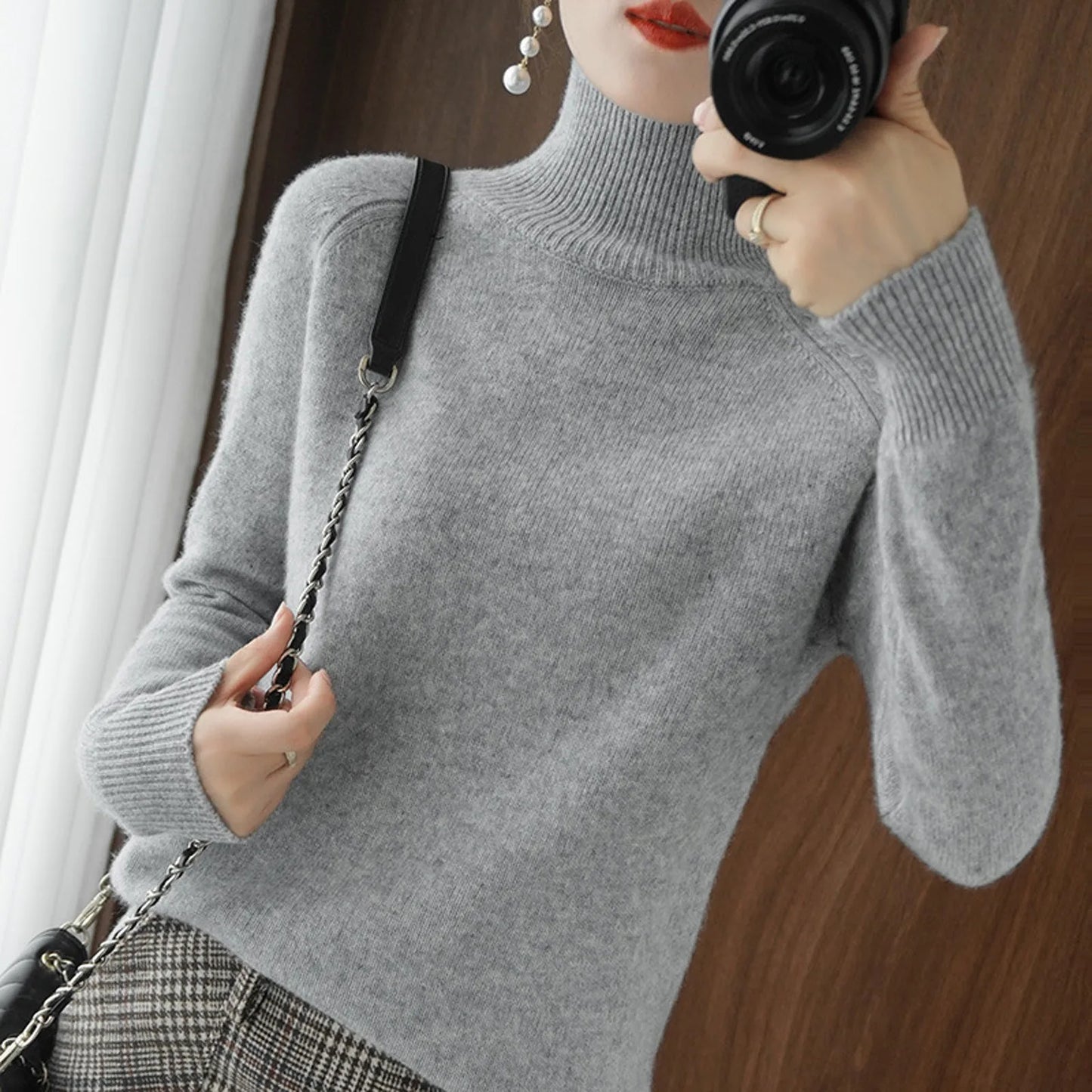 Women's Long Sleeved Knitted Sweater Standing Collar Autumn Winter Top Sweater Women Sweaters for Autumn Winter Women Clothing