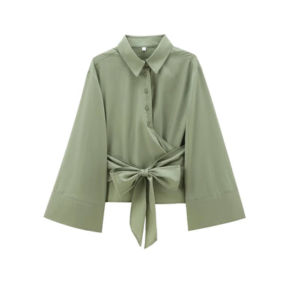 TRZA-Women's Long Sleeve Kimono Blouses With Bow Tie, Front Button, Female Shirts, Chic Tops, Fashion