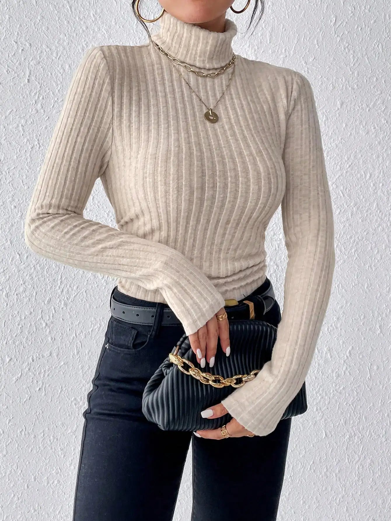 Autumn and Winter Sexy Texture Pit Stripe Slim Knit Long Sleeve Women's t-shirt New High Neck Women's Tops Casual Women's Tops