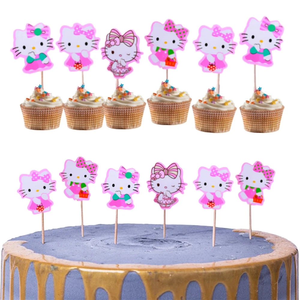 24Pcs/Pack Hello Kitty Cake Toppers Pink Kitty Cat Theme CupCake Toppers Baby Shower Kids Girls Birthday Party Cake Decorations