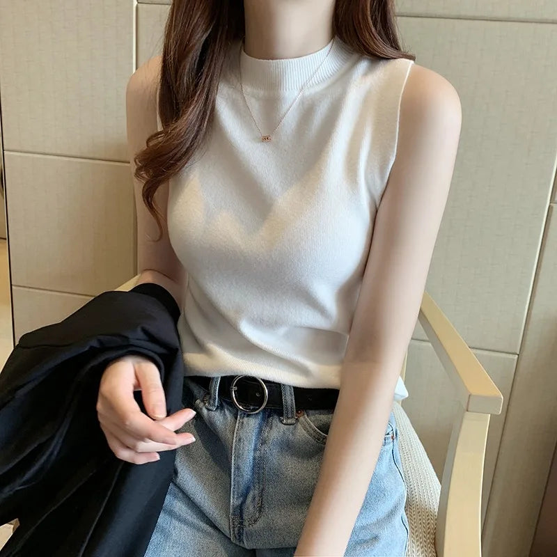 New Women's Solid Color Top Temperament High-Grade Sense With Knitted Sweater Bottom Shirt Halter Vest Short Sleeveless