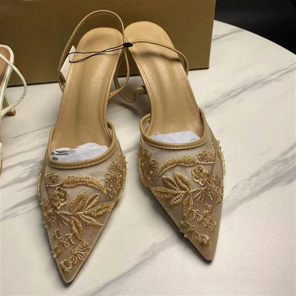 Designer Shoes Mesh String Bead High Heeled Sandals Women Sexy Pointed Toe Thin High Heels Elegant Party Dress Shoes Pumps Women