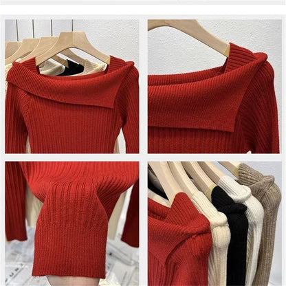 Women's Slim Sweater Pullover Tops Off-Shoulder Knit Basic Spring Autumn New Style Sweater Korean Fashion Winter Clothes Women